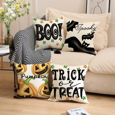 Halloween Decorative Linen Cushion Cover Spooky Bat Pumpkin Printed Pillowcase For Sofa Living Room Party Home Decor