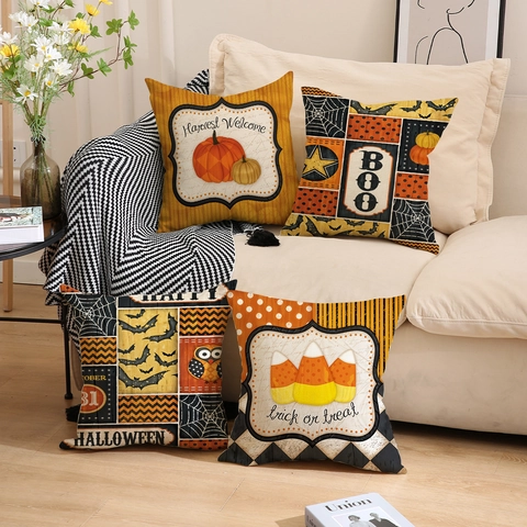 Fundas de Almohada Decorativas Halloween Lino Calabaza Murciélago Telaraña Funda de Cojín Para Sofá Decoración Hogar Regalo