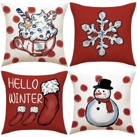 Funda de Almohada de Navidad Muñeco de Nieve Copo de Nieve Decorativa Textura de Lino Funda de Cojín Rojo Azul Invierno Para Sofá Hogar