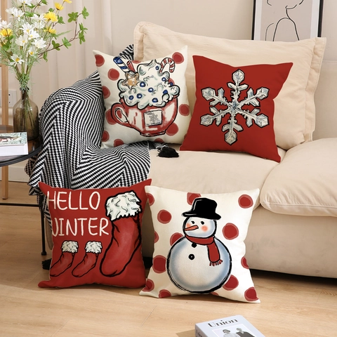 Funda de Almohada de Navidad Muñeco de Nieve Copo de Nieve Decorativa Textura de Lino Funda de Cojín Rojo Azul Invierno Para Sofá Hogar