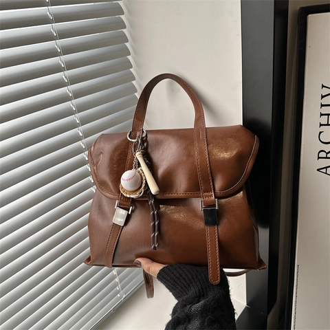 Vintage PU Leather Backpack For Women Large Capacity Multi Functional Shoulder Bag With Baseball Charm Commute Tote Handbag
