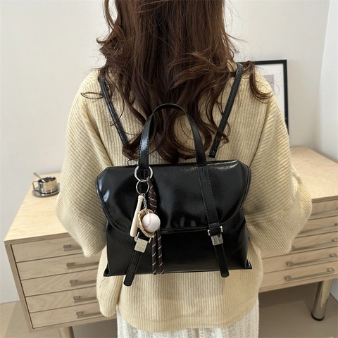 Vintage PU Leather Backpack For Women Large Capacity Multi Functional Shoulder Bag With Baseball Charm Commute Tote Handbag