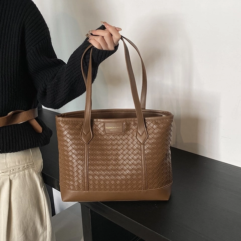 Große Kapazität Geflochtene PU Leder Tragetasche Für Damen Retro Intrecciato Schultertasche Pendler Handtasche Arbeit Täglich Geldbörse