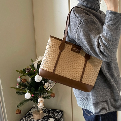 Große Kapazität Geflochtene PU Leder Tragetasche Für Damen Retro Intrecciato Schultertasche Pendler Handtasche Arbeit Täglich Geldbörse