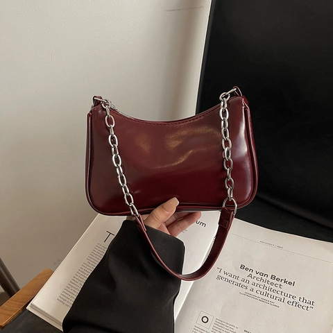 Bolso de Axila de Cuero PU Vintage para Mujer Bolso de Hombro Cuadrado Minimalista Con Correa de Cadena de Metal Plateado Color Sólido