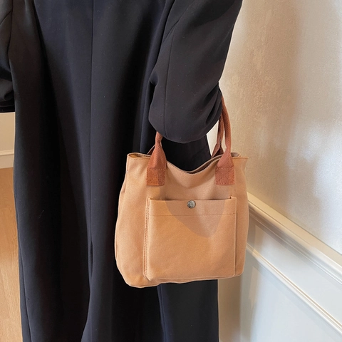 Damen Casual Segeltuch Einkaufstasche Große Kapazität Japanisch Harajuku Minimalistische Handtasche Mit Kontrastgriff Und Fronttasche