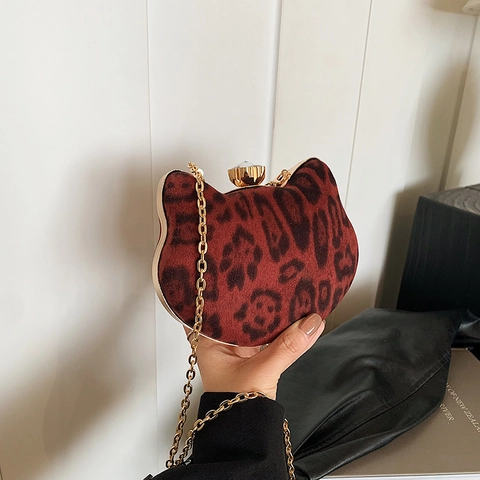 Leopard Print Cat Head Shape Mini Crossbody Bag Luxury Crystal Lock Gold Chain Evening Clutch For Women Party Handbag