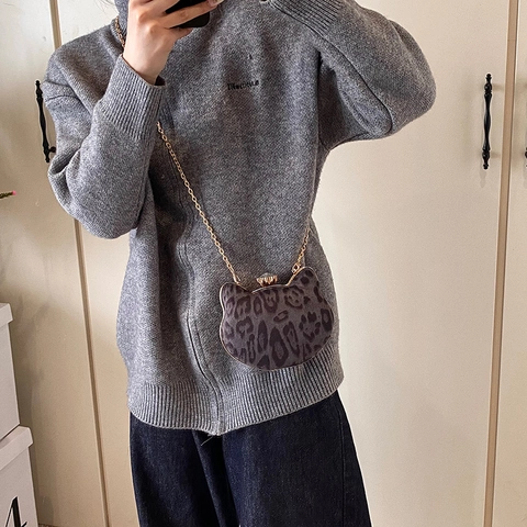 Leopard Print Cat Head Shape Mini Crossbody Bag Luxury Crystal Lock Gold Chain Evening Clutch For Women Party Handbag