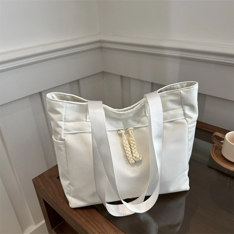 Nylon Tote Bag For Women Large Capacity Shoulder Handbag With Woven Rope Zipper Pulls Minimalist Commuting Travel