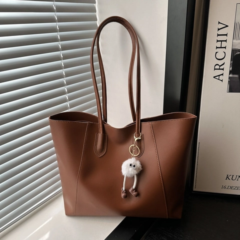 Women Commuting Large Capacity PU Leather Tote Bag Minimalist Underarm Shoulder Handbag With Plush Monster Charm Gift