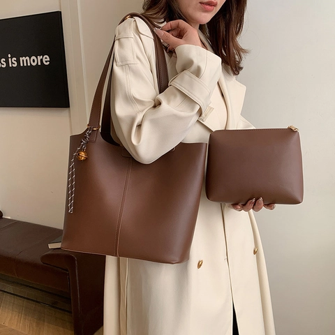 Grand Sac Cabas Cuir PU Haute Capacité Sac À Épaule Commuter Style Minimaliste Décontracté Pour Femmes Avec Pochette Assortie