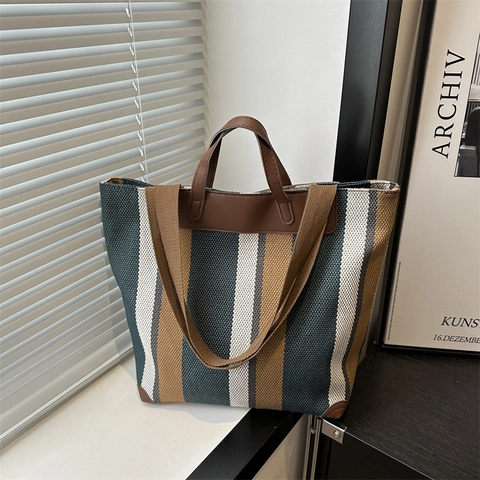 Borsa Tote Da Donna In Tela A Righe Grande Capacità Borsa A Mano Con Motivo Verticale E Manico In Pelle PU