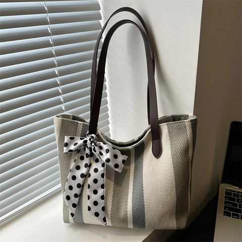 Bolso Tote de Nailon a Rayas para Mujer Gran Capacidad Bolso de Hombro con Bufanda de Lunares Bolso de Oficina