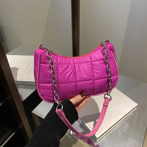 Women Quilted Puffer Shoulder Bag Urban Minimalist Cotton Underarm Bag With Silver Chain Zipper Small Crossbody Bag For Daily Use