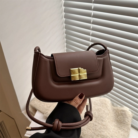 Women Vintage PU Leather Shoulder Bag Chocolate Shape Buckle Knot Strap Minimalist Underarm Crossbody Square Handbag