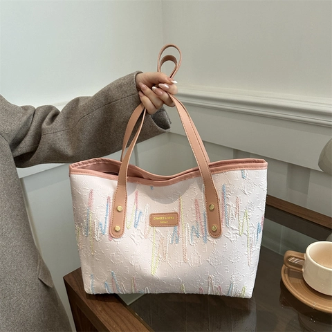 Große Kapazität Tote Bag Damen Bestickt Buntes Wellenmuster PU Leder Umhängetasche Lässige Pendler Handtasche