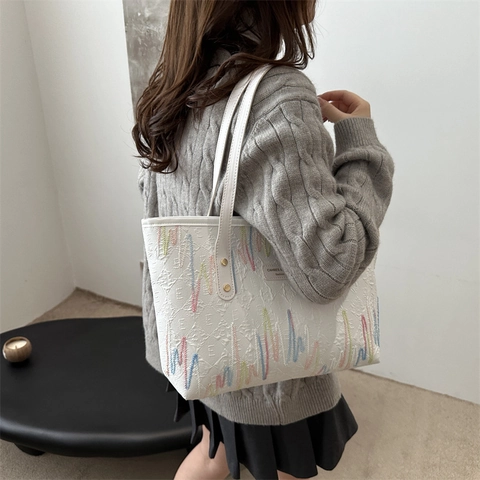 Große Kapazität Tote Bag Damen Bestickt Buntes Wellenmuster PU Leder Umhängetasche Lässige Pendler Handtasche