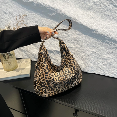 Bolso Hobo de Estampado de Leopardo de Gran Capacidad para Mujer Bolso de Hombro de Cuero PU de Moda Casual Viaje Compras