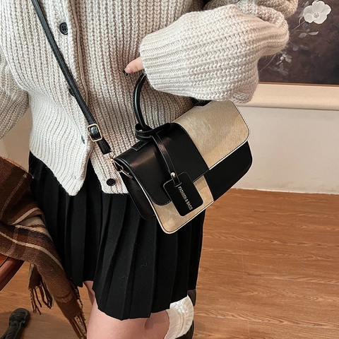 Borsa a Tracolla Patchwork da Donna alla Moda in Pelle PU con Impunture Piccola Borsa Quadrata Casual Urbana con Manico per Uso Quotidiano