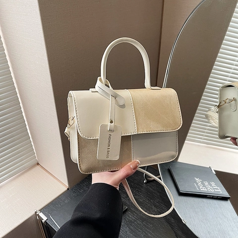 Bolso de Hombro de Cuero PU para Mujer Contraste de Color Patchwork Bolso de Mano Cuadrado Pequeño Retro Bandolera Diario