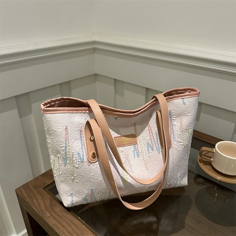 Borsa Tote Donna alla Moda Grande Capacità Ricamata Linee Ondulate Tessuto Jacquard Borsa a Spalla per Pendolarismo Quotidiano Lavoro