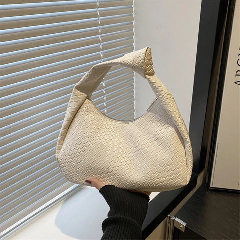 Women Woven Hobo Bag PU Leather Underarm Bag Fashion Knot Handle Handbag Retro Braided Dumpling Bag Solid Color Casual Purse