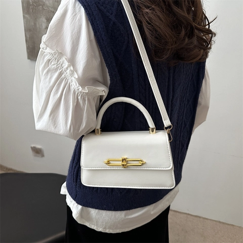 Women Fashion PU Leather Small Square Crossbody Bag With Golden Metal Lock Stitching Detail Retro Flap Shoulder Bag Handbag