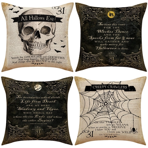 Halloween Kissenbezug Vintage Leinen Gothic Totenkopf Spinnennetz Retro Kissenhülle Heimdeko