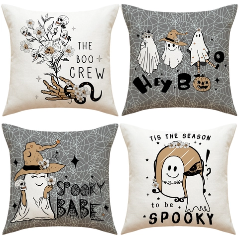 Fundas De Cojín De Halloween Lino Algodón Decorativo Patrón De Fantasma Esqueleto Calabaza Para Sofá Decoración Hogar