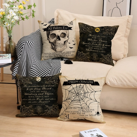 Halloween Kissenbezug Vintage Leinen Gothic Totenkopf Spinnennetz Retro Kissenhülle Heimdeko