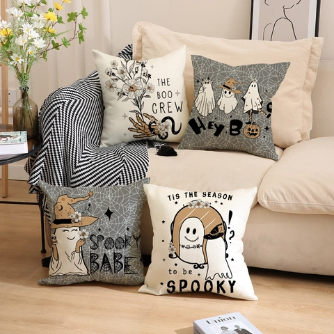 Fundas De Cojín De Halloween Lino Algodón Decorativo Patrón De Fantasma Esqueleto Calabaza Para Sofá Decoración Hogar