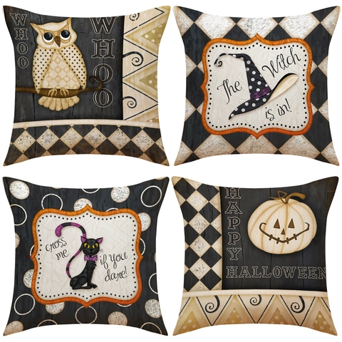 Halloween Decorative Throw Pillow Case Linen Look Polyester Witch Hat Owl Black Cat Pumpkin Harlequin Pattern Cushion Cover