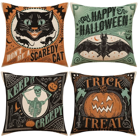 Funda de Cojín de Halloween Vintage Gato Negro Murciélago Calavera Calabaza Ilustración Efecto Lino Decorativa para Sofá