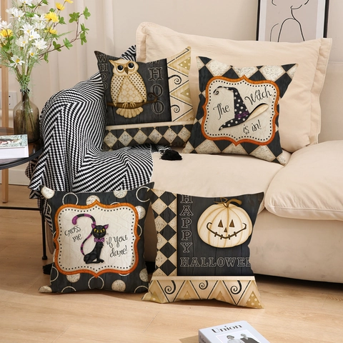 Halloween Decorative Throw Pillow Case Linen Look Polyester Witch Hat Owl Black Cat Pumpkin Harlequin Pattern Cushion Cover