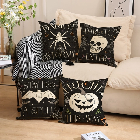 Halloween Geist Totenkopf Spinne Fledermaus Kürbis Kissenbezug Leinen Gotisch Gruselig Deko Kissenhülle Couch Sofa Home Deko