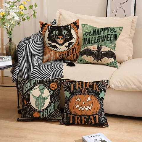 Funda de Cojín de Halloween Vintage Gato Negro Murciélago Calavera Calabaza Ilustración Efecto Lino Decorativa para Sofá