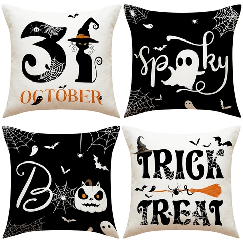 Halloween Decorative Linen Pillow Case Ghost Pumpkin Black Cat Witch Hat Pattern Throw Cushion Covers For Sofa Home Decor