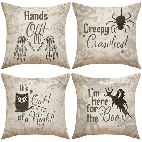 Vintage Linen Halloween Throw Pillow Covers Spooky Skeleton Spider Owl Ghost Printed Cushion Cases For Home Sofa Festive Party Decorations