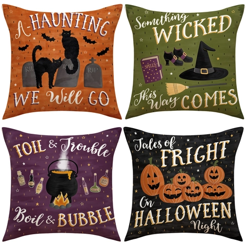Halloween Pillowcase Vintage Polyester Pumpkin Cat Witch Printed Square Throw Pillow Cover For Sofa Home Decor Cushion Case