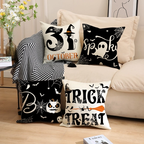 Halloween Decorative Linen Pillow Case Ghost Pumpkin Black Cat Witch Hat Pattern Throw Cushion Covers For Sofa Home Decor