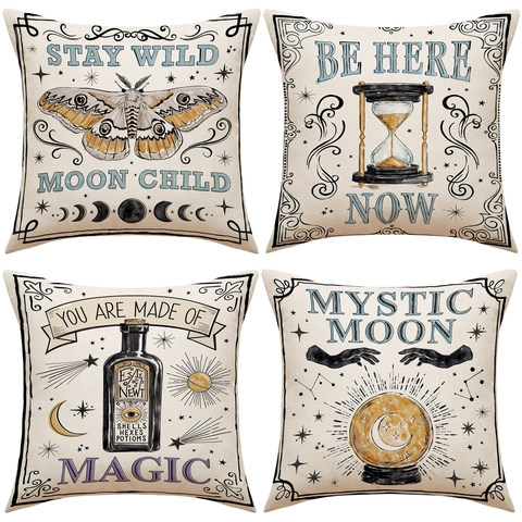 Fundas De Cojín Vintage Lino Fundas De Almohada Decorativas Patrón Polilla Fase Lunar Para Sofá Decoración Cuadrada