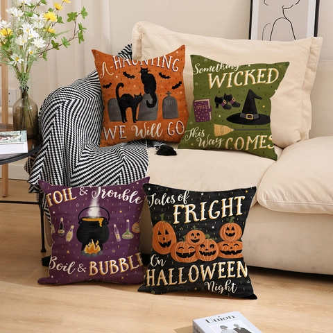 Halloween Pillowcase Vintage Polyester Pumpkin Cat Witch Printed Square Throw Pillow Cover For Sofa Home Decor Cushion Case