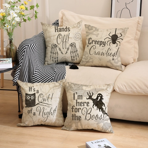 Vintage Linen Halloween Throw Pillow Covers Spooky Skeleton Spider Owl Ghost Printed Cushion Cases For Home Sofa Festive Party Decorations