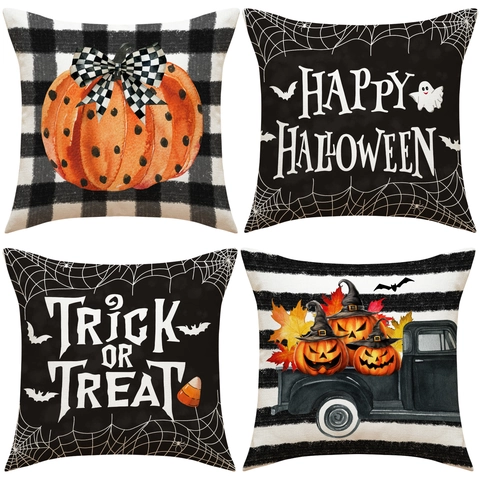 Halloween Kürbis Leinen Kissenbezug Trick Or Treat Sofa Dekoration Zuhause Deko Orange Schwarz Weiß Dekorative Kissenhülle