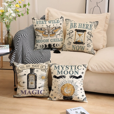 Fundas De Cojín Vintage Lino Fundas De Almohada Decorativas Patrón Polilla Fase Lunar Para Sofá Decoración Cuadrada