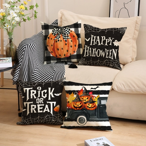 Halloween Kürbis Leinen Kissenbezug Trick Or Treat Sofa Dekoration Zuhause Deko Orange Schwarz Weiß Dekorative Kissenhülle