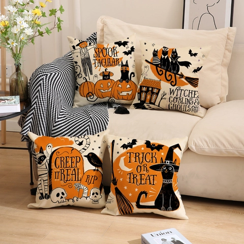 Halloween Kissenbezug Leinen Wurfkissenbezug Kürbis Geist Fledermaus Schwarze Katze Druck Für Sofa Heimtextilien