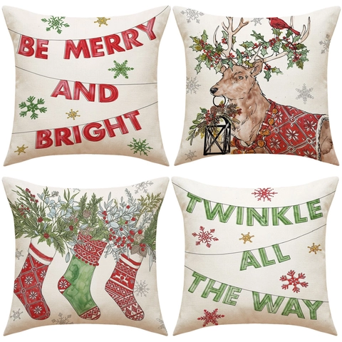 Weihnachten Rentier Strumpf Druck Kissenbezüge Leinenmischung Dekorative Kissenhüllen Für Sofa Wohnzimmer Feiertag Heimtextilien
