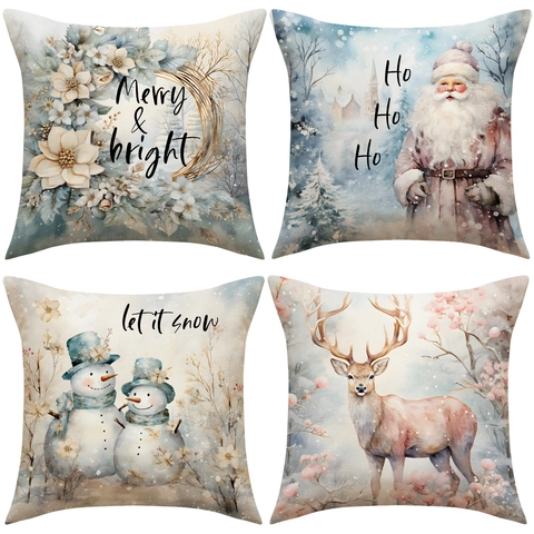 Taies D Oreiller De Noël Texture Lin Aquarelle Père Noël Bonhomme De Neige Renne Motif Décoration De Maison Canapé Housses De Coussin