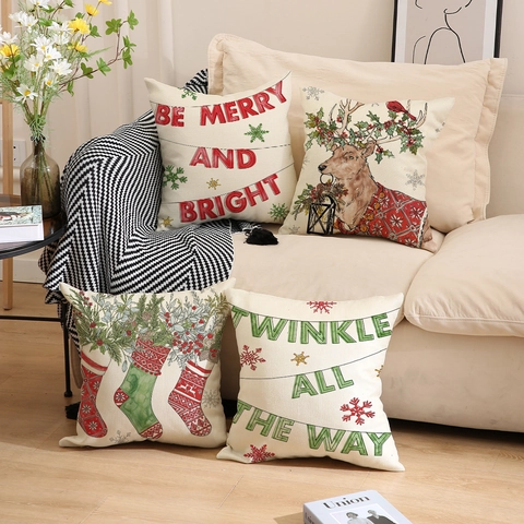 Weihnachten Rentier Strumpf Druck Kissenbezüge Leinenmischung Dekorative Kissenhüllen Für Sofa Wohnzimmer Feiertag Heimtextilien